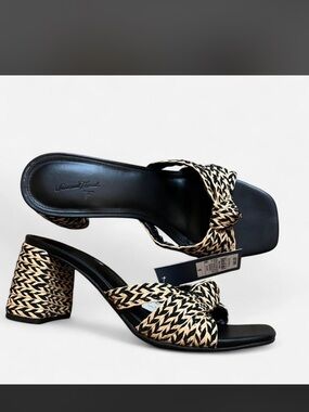 Woven Knot Block Heel Sandals - Black & Natural